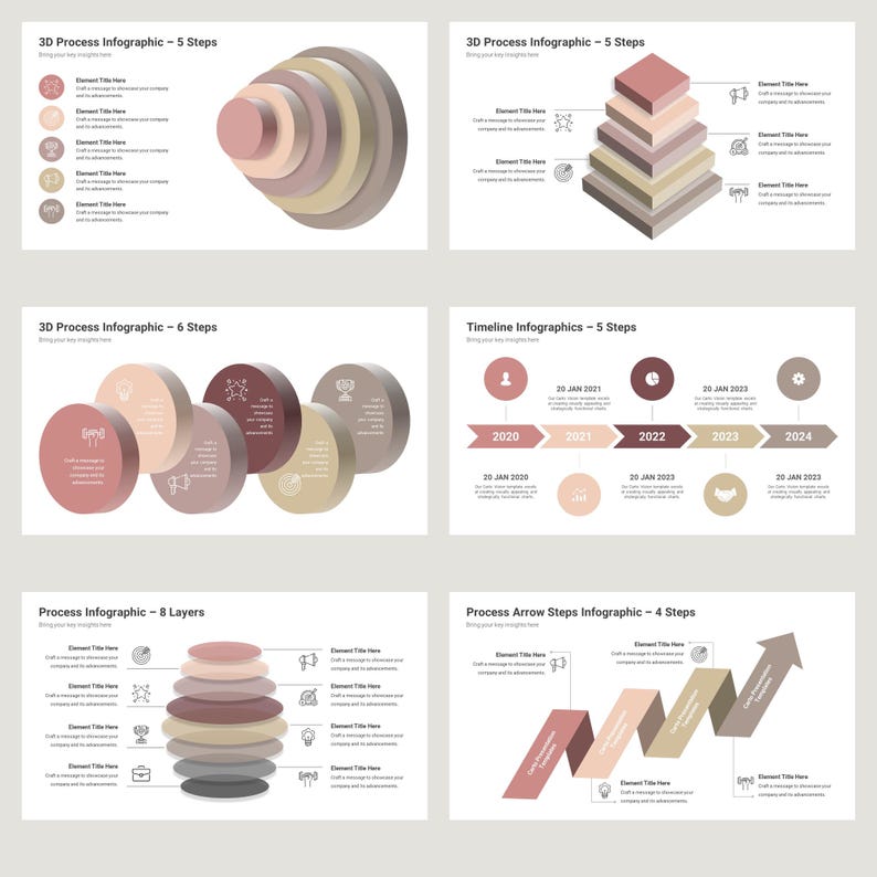 May include: A set of five infographic templates with different styles, including 3D circles, pyramids, timelines, and arrows. The templates are designed to illustrate a process with 5, 6, or 8 steps. The color scheme is a combination of beige, brown, and pink.