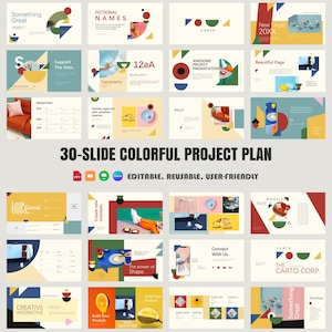 May include: A colorful presentation template with 30 slides. The design features geometric shapes, text, and images. The title reads "30-SLIDE COLORFUL PROJECT PLAN". The template is labeled as editable, reusable, and user-friendly.