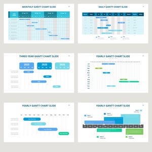 May include: A set of six slides showing different types of Gantt charts. The charts are used to visually represent project schedules and timelines. The slides include monthly, daily, three-year, and yearly Gantt charts.