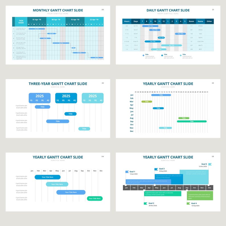 May include: A set of six slides showing different types of Gantt charts. The charts are used to visually represent project schedules and timelines. The slides include monthly, daily, three-year, and yearly Gantt charts.