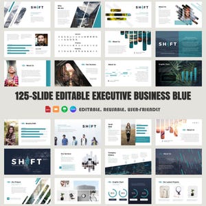 Puede incluir: Una plantilla de presentación de 125 diapositivas con un esquema de color azul y blanco. La plantilla presenta una variedad de diseños, que incluyen gráficos, diagramas e imágenes. El texto "SHIFT" se muestra de forma destacada en las diapositivas.