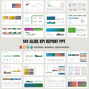 Puede incluir: Una colección de 141 diapositivas para una presentación de informe KPI. Las diapositivas están diseñadas con un estilo moderno y una combinación de colores azul, verde, naranja y morado. Las diapositivas incluyen varios gráficos, diagramas y tablas para mostrar datos e información. El texto en las diapositivas dice "141-Slide KPI Report PPT", "Editable, Reusable, User-Friendly", y "PPT", "Google Slides", y "Canva".