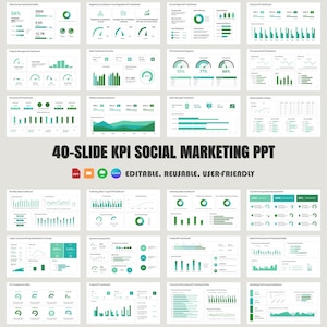 Puede incluir: Una presentación de PowerPoint de marketing en redes sociales de 40 diapositivas con un esquema de color verde y blanco. La presentación incluye varios gráficos y tablas, incluidos gráficos de barras, gráficos de líneas, gráficos circulares y medidores. El título de la presentación es "40-Slide KPI Social Marketing PPT".