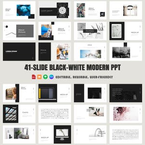 May include: A black and white presentation template with 41 slides. The template features a modern design with geometric shapes and a minimalist aesthetic. The text "41-Slide Black-White Modern PPT" is displayed in the centre of the image. The words "Editable, Reusable, User-Friendly" are displayed below the title.