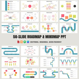 Modelo de PPT de infográficos de roteiro e mapa mental de 50 slides | Planejamento de projeto, visualização estratégica, mapeamento de ideias