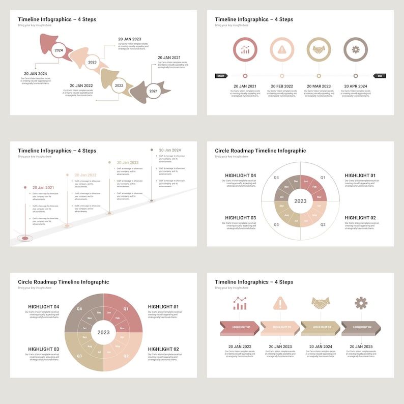 May include: A timeline infographic with four steps, each step represented by a different color and icon. The timeline is divided into four sections, each representing a year. The text "Timeline Infographics - 4 Steps" is at the top of the infographic.