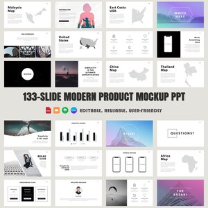 May include: A 133-slide modern product mockup PowerPoint presentation template. The template features a variety of slides with different layouts and designs, including maps, charts, and images. The template is editable, reusable, and user-friendly.