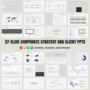 May include: A set of 37 PowerPoint slides for corporate strategy and client presentations. The slides are editable, reusable, and user-friendly. The slides feature a variety of charts, graphs, and diagrams, as well as text boxes and images. The slides are designed to help businesses communicate their ideas and strategies effectively.