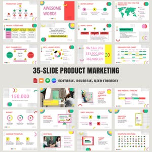Puede incluir: Una plantilla de presentación colorida con 35 diapositivas para marketing de productos. La plantilla presenta una variedad de gráficos, tablas e iconos, así como un diseño moderno y limpio. El texto en la diapositiva dice "35-Slide Product Marketing" y "Editable, Reusable, User-Friendly".
