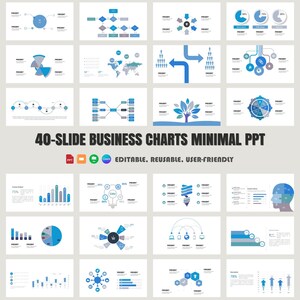 Könnte beinhalten: Ein Satz von 40 minimalistischen Business-Diagrammen in einer PowerPoint-Präsentation. Die Diagramme sind blau und grau und zeigen verschiedene Formen, darunter Kreise, Pfeile und Linien. Die Diagramme sind editierbar, wiederverwendbar und benutzerfreundlich.