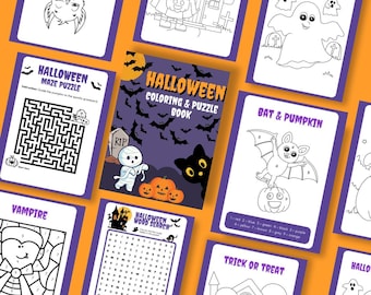May include: A set of printable Halloween coloring and activity pages featuring a bat and pumpkin, a vampire, a ghost, a maze, a word search, and a trick or treat scene. The pages are black and white and ready to be colored.
