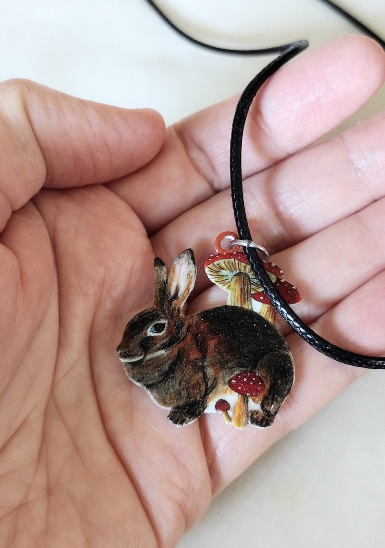 May include: A brown rabbit with a white belly and blue eyes sits on a mushroom with red and white spots. The rabbit is part of a necklace with a black cord.