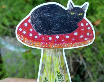 Witchy Black Cat on Mushroom Vinyl Sticker