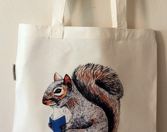 Squirrel with Book Cottagecore Organic Cotton Tote Bag