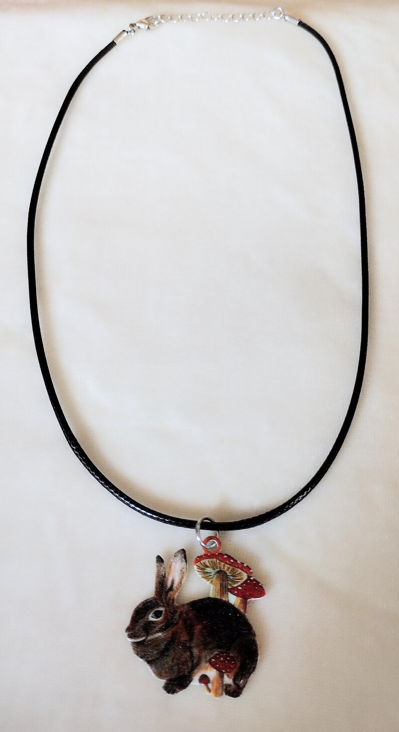 May include: A black cord necklace with a pendant featuring a brown rabbit with red and white mushrooms.