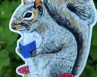 Reading Squirrel Vinyl Sticker