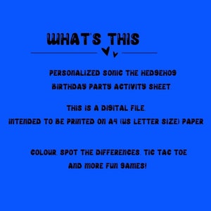 Personalised Sonic Birthday Party Activity Sheet for Party Colour, Spot