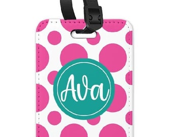 Personalized  Luggage Tag, Vegan Leather Custom Bag Tag, Monogram Bag Tag, Polka Dot Bag Tag