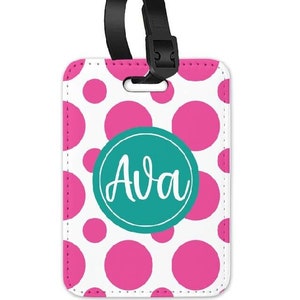 Personalized  Luggage Tag, Vegan Leather Custom Bag Tag, Monogram Bag Tag, Polka Dot Bag Tag