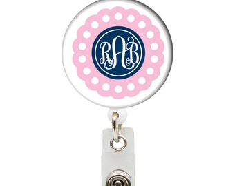 Scalloped Monogram Badge Reel,  Personalized Badge Reel,  Retractable Badge Holder with Alligator and Belt Swivel Clip