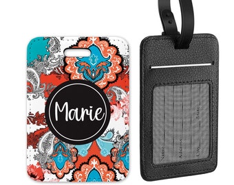 Personalized  Luggage Tag, Vegan Leather Custom Bag Tag, Monogram Bag Tag, Paisley Bag Tag