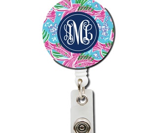 Personalized Retractable Badge Reel,  ID Badge Holder with Pink Fish Print, Preppy Badge and Key Holder, Personalized Gift