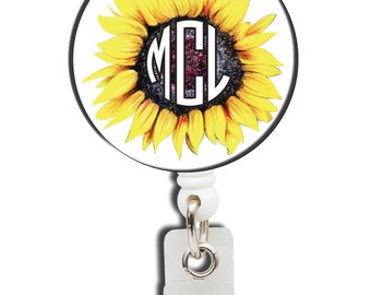 Sunflower Personalized Badge Reel, Monogrammed Retractable Badge Holder with Alligator and Belt Swivel Clip
