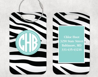 Personalized bag tag, Zebra Print Luggage Tag, Monogrammed luggage Tag, Traveler Gift, Metal Bag Tag, Double Sided Bag Tag