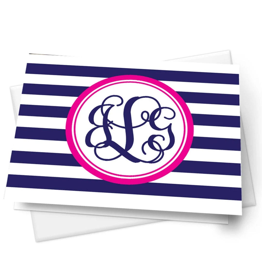 Personalized Folded Striped Notecards, Monogram Stationery for Her, Set ...