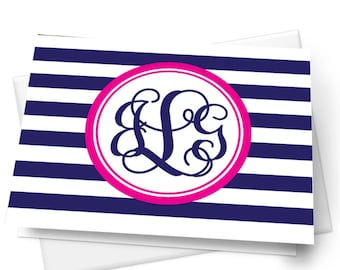 Personalized Folded Striped Notecards,  Monogram Stationery for her, Set of 10 notecards with envelopes