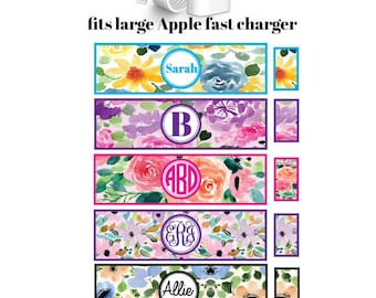 Personalized iPhone Charger Block Wrap, Floral iPhone Charger Block Wrap, Large and Small Charger Block Label, Monogrammed Wrap, 2 sets