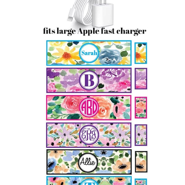 Personalized iPhone Charger Block Wrap, Floral iPhone Charger Block Wrap, Large and Small Charger Block Label, Monogrammed Wrap, 2 sets