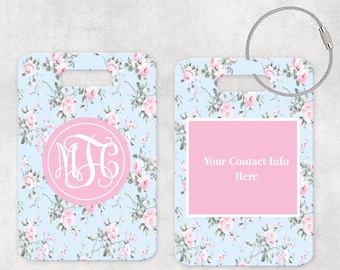 Personalized Luggage Tag: Shabby Chic Pink Roses, Monogram Metal Bag Tag