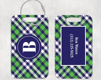 Custom Bag Tags, Personalized Luggage Tag, Monogrammed luggage Tag, Blue and Green Plaid Luggage Tag, Traveler Gift, Metal Bag Tag