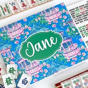 Personalized Mahjong Card Protector,  Custom Trifold Card Cover, Mahjong Accessories, NML Large Print Card, Pink Pagoda, Insert and Sleeve