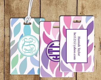 Monogram pastel leaf  Luggage Tags, Preppy Monogram Luggage Tag,  Heavy duty double-sided bag tag, personalized luggage tag