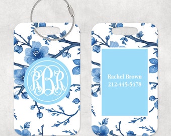 Personalized Bag Tag, Blue Chinoiserie Luggage Tag, Monogrammed luggage Tag, Traveler Gift, Metal Bag Tag, Double Sided Bag Tag