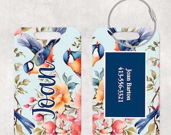 Personalized Bag Tag, Birds and flowers, Custom Luggage Tag, Double Sided Tag, Gift For Traveler, Destination Wedding