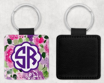 Personalized Leather Keyring, Custom Leather keychain with Monogram, lavender and purple floral Keyring, gift for Her, Personalized Gifts