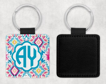 Personalized Leather Keyring, Custom Leather keychain with Monogram, Blue Ikat Pattern Keyring, gifts for Her, Personalized Gifts, Bag Tag