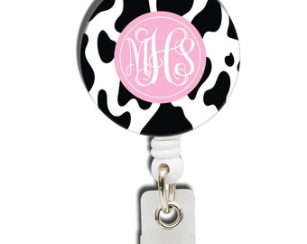 Cow Print Personalized Badge Reel, Monogrammed Retractable Badge Holder with Alligator and Belt Swivel Clip