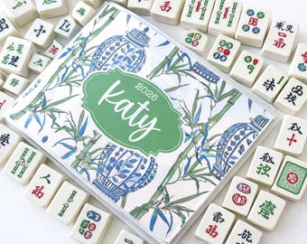 Personalized Mahjong Card Protector,  Custom Trifold Cover, Mahjong Accessories, NMJL Large Card,  Blue Chinoiserie Vase,  Card Sleeve