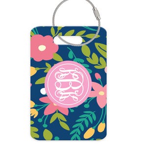 Navy Floral Monogram Luggage Tag: Personalized Travel Accessory