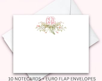 Floral Monogram Notecard Set,  Personalized Vine Initials Stationery (Set of 10 flat cards), Custom Paper