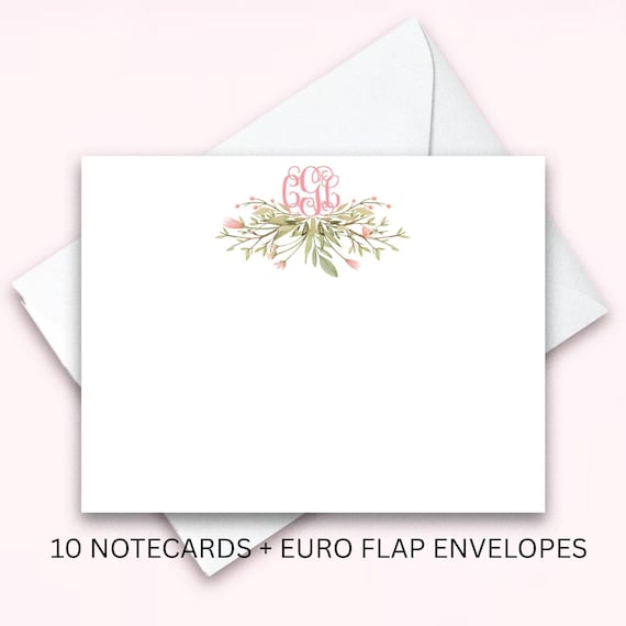Floral Monogram Notecard Set,  Personalized Vine Initials Stationery (Set of 10), Custom Paper