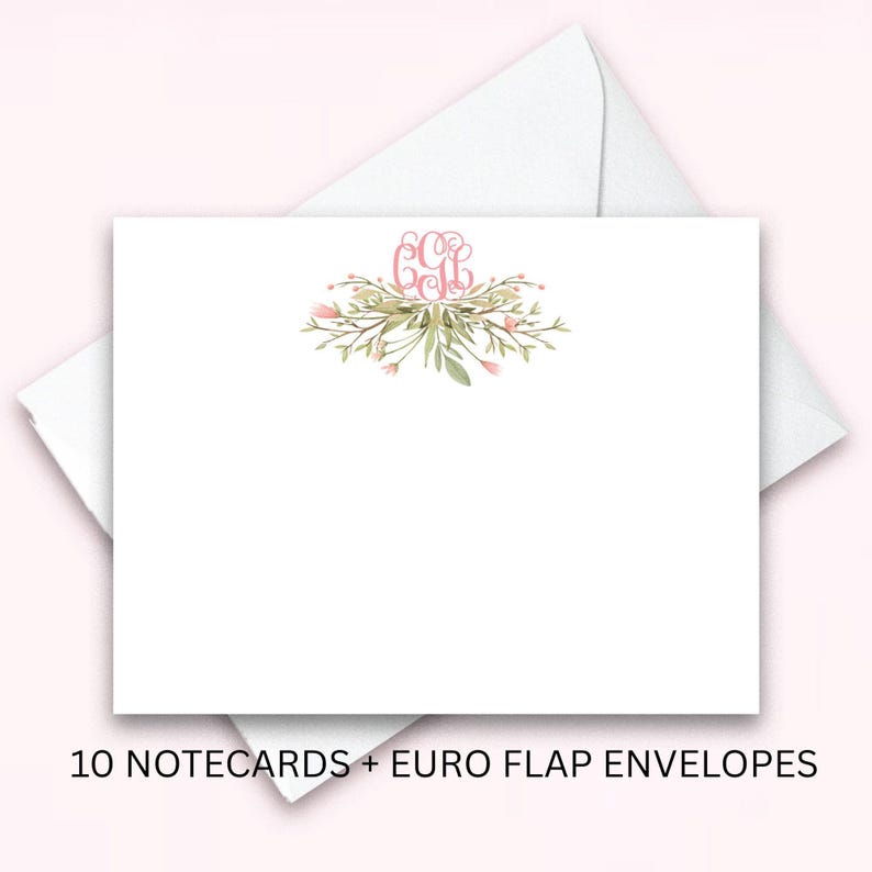 Floral Monogram Notecard Set, Personalized Vine Initials Stationery (Set of 10 flat cards), Custom Paper image 1