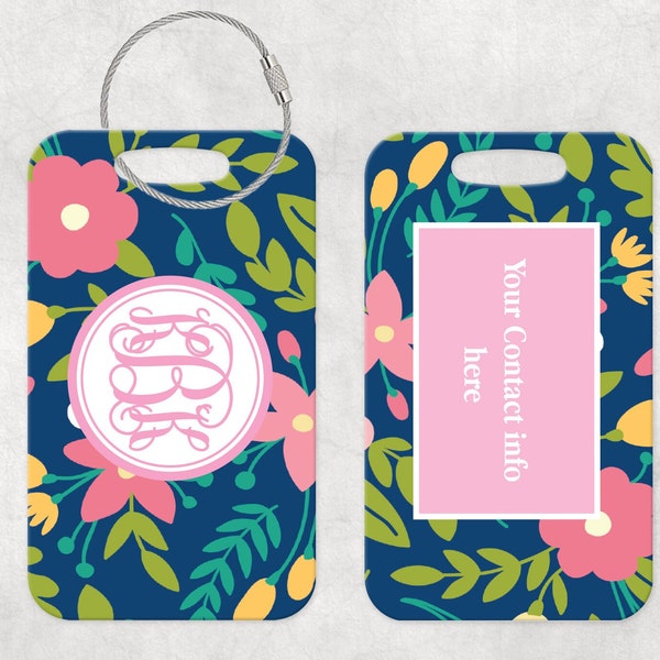 Custom Monogrammed Luggage Tag, Navy floral Bag Tag - Double Sided Luggage Tag - Personalized Travel Accessory