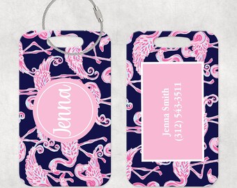 Personalized Bag Tag, Pink Flamingo, Custom Luggage Tag, Double Sided Tag, Gift For Traveler, Destination Wedding