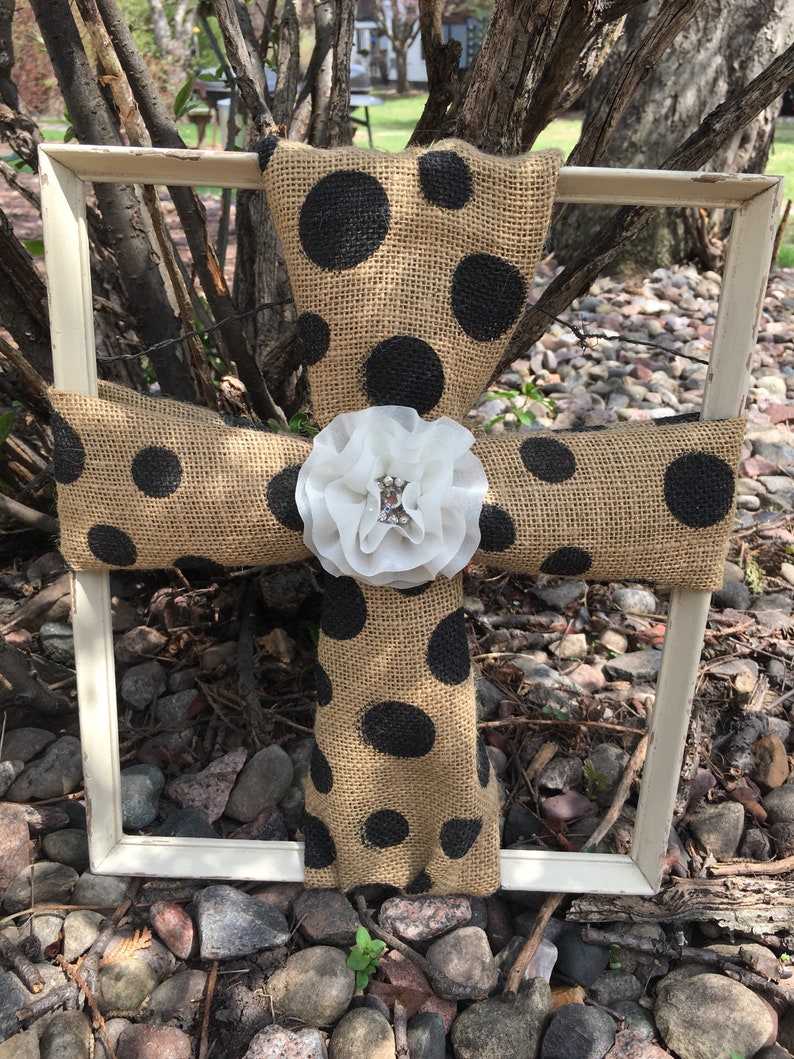 Burlap Polka Dot Framed Cross Handmade With Recycled Frame Image 0