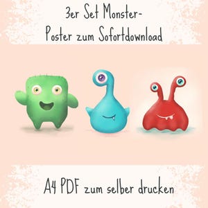 Lindos amigos monstruosos, juego de 3 pósteres de monstruos, decoración de pared para la habitación de los niños, pósteres para imprimir tú mismo, para descarga inmediata, formato A4